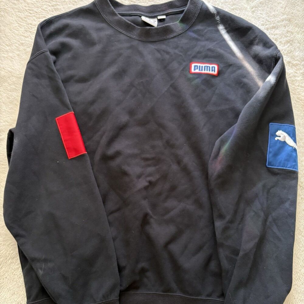 Y2K Puma Graphic Sweatshirt Mens M Black Crewneck Multi Logo Pullover Streetwear